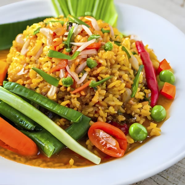 Close-up of Thai fried rice with vegetables, including peas, carrots, tomatoes, and green onions.