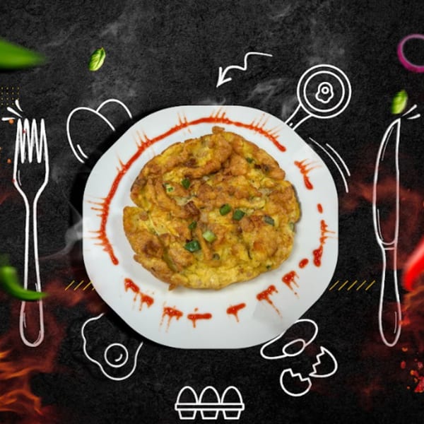 Thai omelet with green onions and chili sauce on a white plate, surrounded by cooking illustrations.